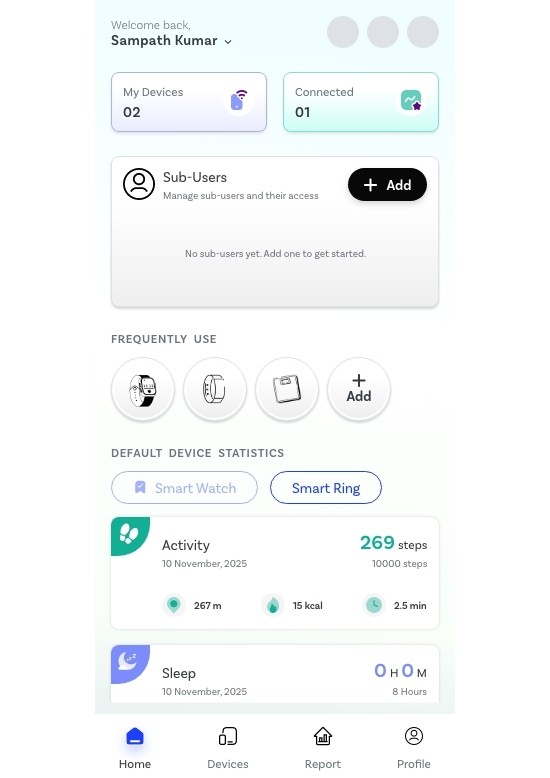MedPlus Health Check App home dashboard with devices, sub-users, activity stats, and sleep summary