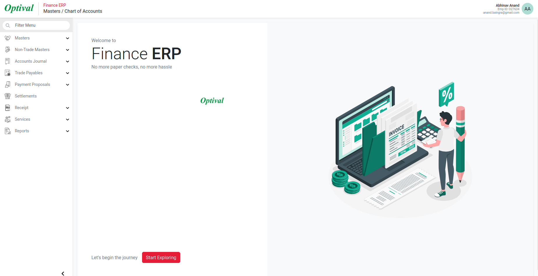 Finance ERP welcome screen showing the Chart of Accounts dashboard with navigation sidebar